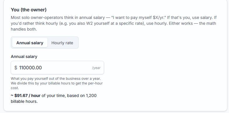 Costright owner salary input: $110,000 per year converts to $91.67 per hour across 1,200 billable hours
